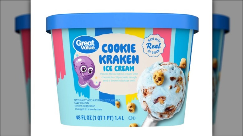 A tub of Great Value Cookie Kraken Ice Cream on a white background.