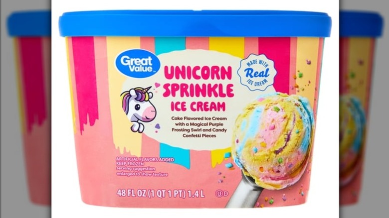 A tub of Great Value Unicorn Sprinkle Ice Cream on a white background.