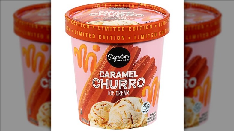 A pint of Signature Select Churro Ice Cream on a white background.