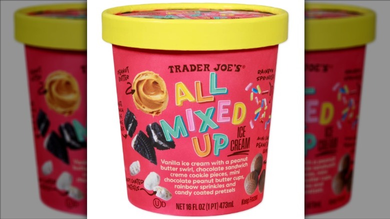 A pint of Trader Joe's All Mixed Up Ice Cream on a white background.
