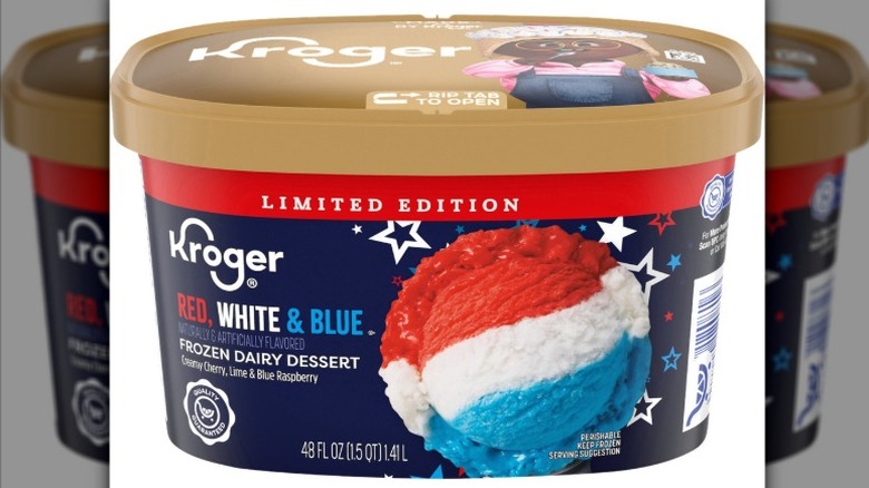 A tub of Kroger Red White and Blue Frozen Dairy Dessert on a white background.