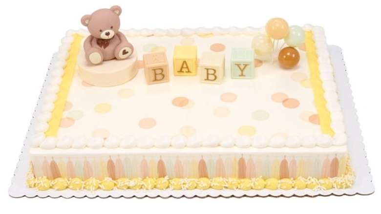 Sam's Club's Bear Blocks Half Sheet Cake decorated with a teddy bear, blocks, and balloons