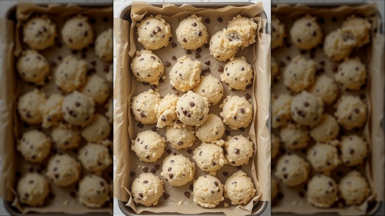 Cottage cheese cookie dough in scoops in a baking pan