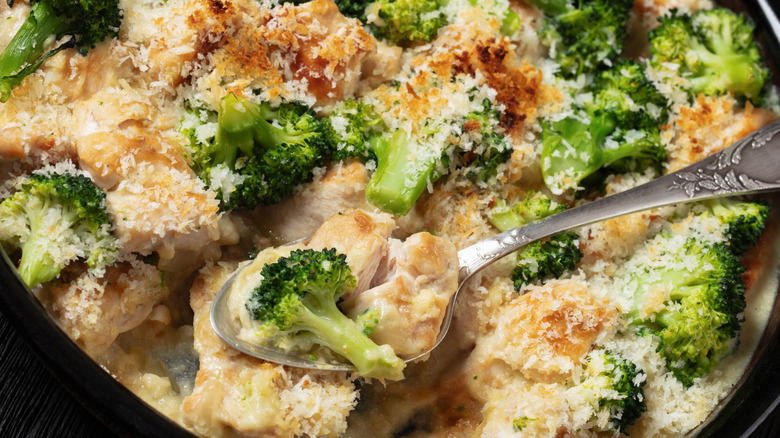 Chicken divan in a bowl with a spoon
