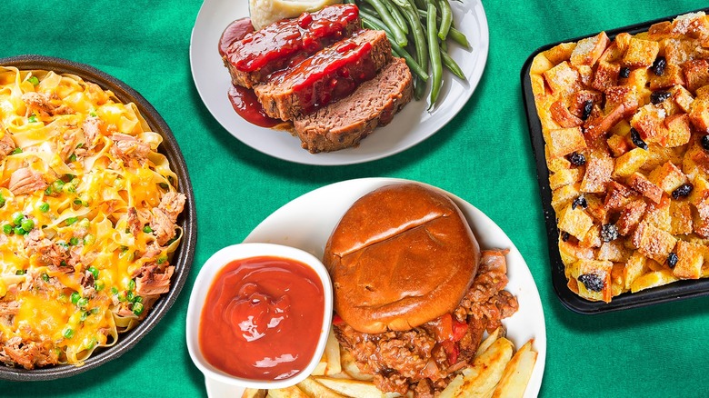 Composite image of various old school dinner comfort foods