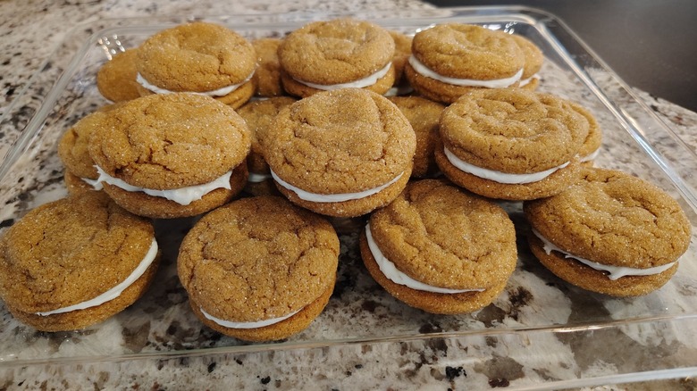Ginger Cream Cookie sandwiches on glass tray