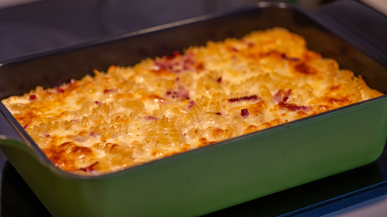 Baking dish of macaroni pudding