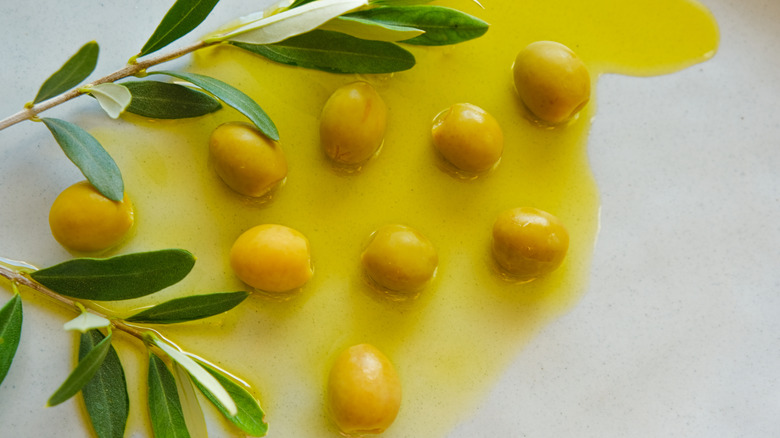 Green olives and olive branch in olive oil in a ceramic plate