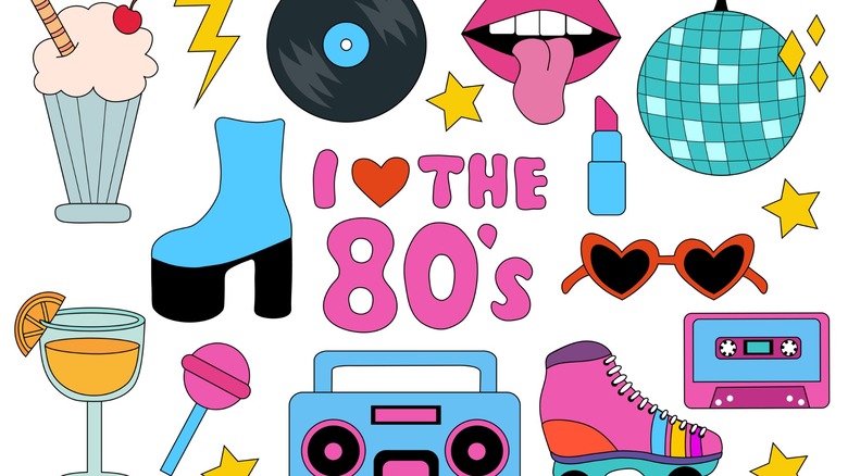 Set of 80s retro elements. Vintage audio player, cassette, music record, disco ball, milkshake, orange cocktail, roller skate, sunglasses, lipstick and lips, boot.