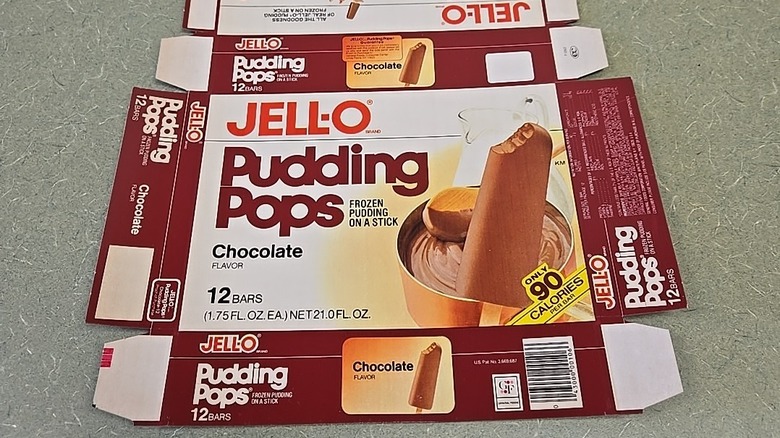 An empty JELL-O Pudding Pops box from 1985 flattened on a countertop