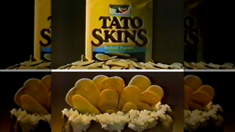 A vintage 1980s poster advertising Keebler Tato Skins, depicting the bag above a baked potato stuffed with potato chips