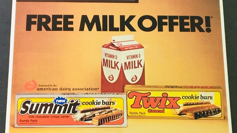 A vintage print ad from 1983 for Summit and Twix cookie bars with a coupon for free milk with purchase
