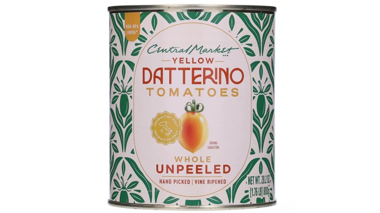 Can of Central Market brand whole unpeeled yellow datterino tomatoes