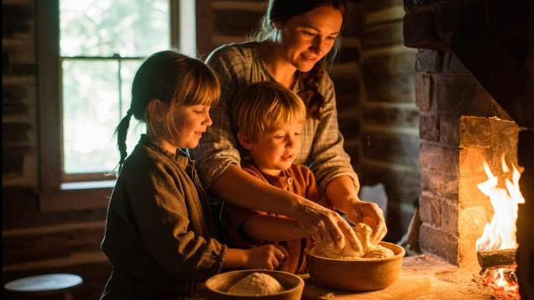 A woman baking with hearth built into log cabin, with children nearby helping her