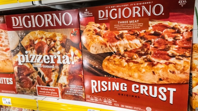 DiGiorno pizzas on display in a supermarket.