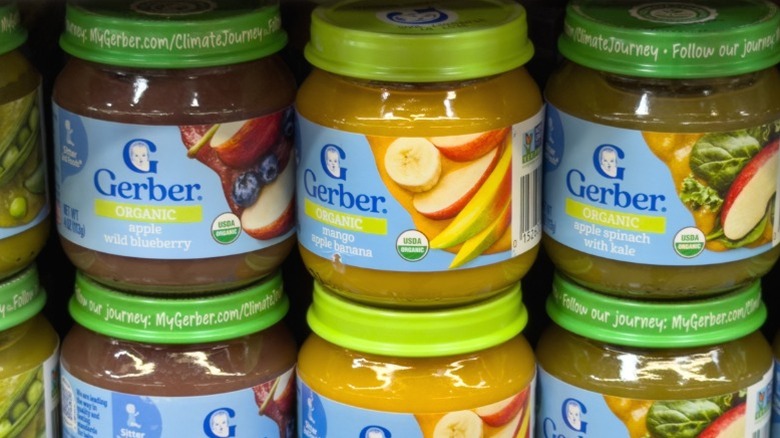 Jars of Gerber baby food.