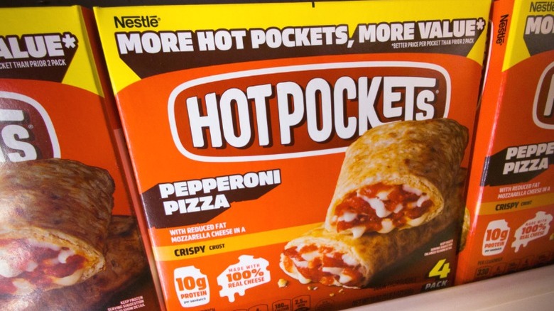 Hot Pockets on a supermarket shelf.
