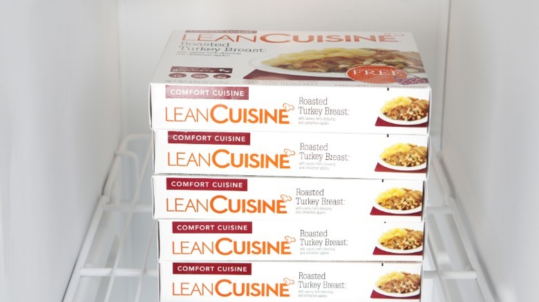 A stack of Lean Cuisine roasted turkey breast frozen meals.