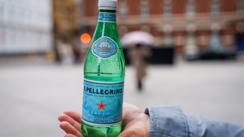 A hand holding a bottle of S.Pellegrino.