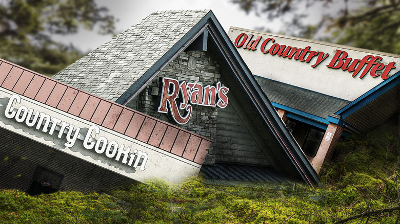 Composite image of three buffet restaurants, their buildings appearing to collapse