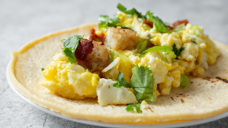 A closeup view of a breakfast taco.