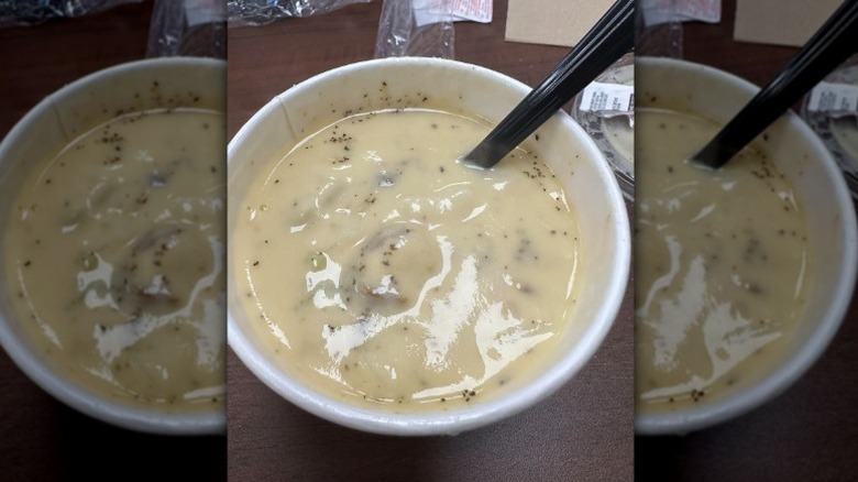 A to-go bowl of the Loaded Potato Soup from Firehouse Subs.