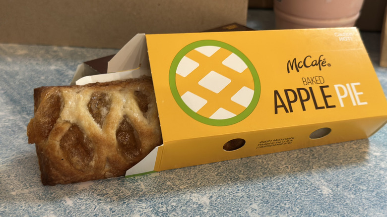 McDonald's apple pie on blue table top