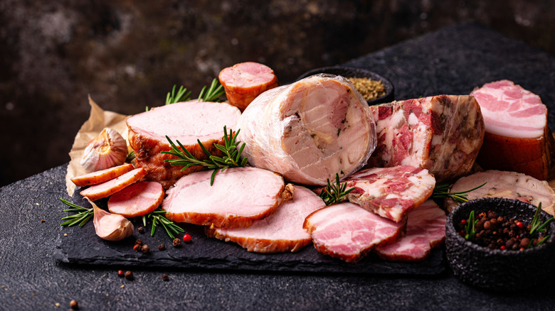 Different meat, sausages, ham and smoked pork