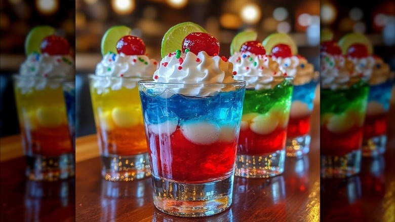 Red, white, and blue Jello shot standing in front of Jello shots with different colored layers
