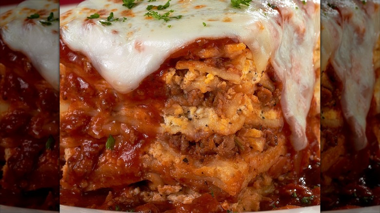 Close up of slice of Johnny Carino's Johnny's Handmade Lasagna