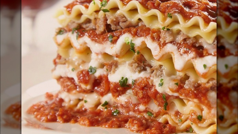Close up slice of Spaghetti Warehouse 15-Layer Lasagna