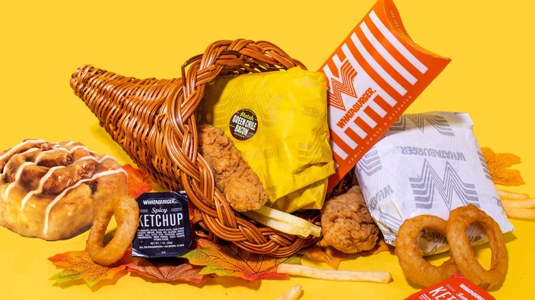 Whataburger foods in a wicker cornucopia