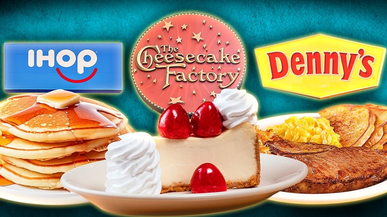 Pancakes, cheesecake, and steak in front of IHOP, The Cheesecake Factory, and Denny's logos