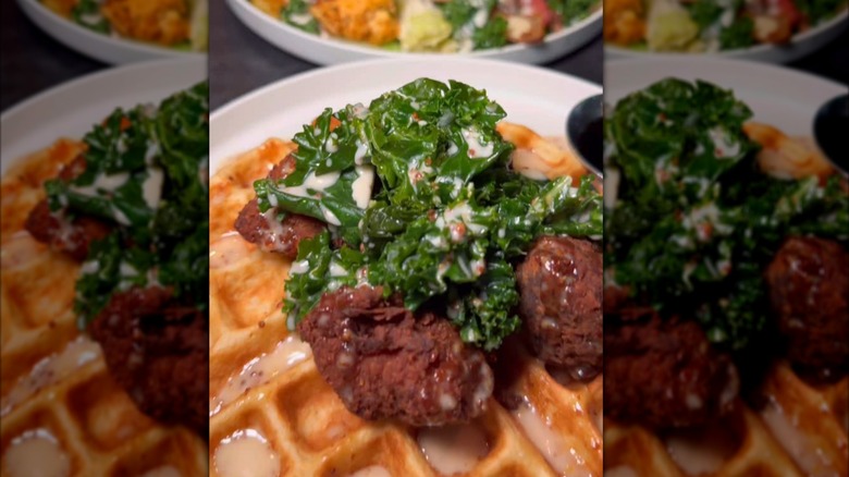 Close up of vegan chicken and Belgian waffle at Urgan Vegan Kitchen in New York City