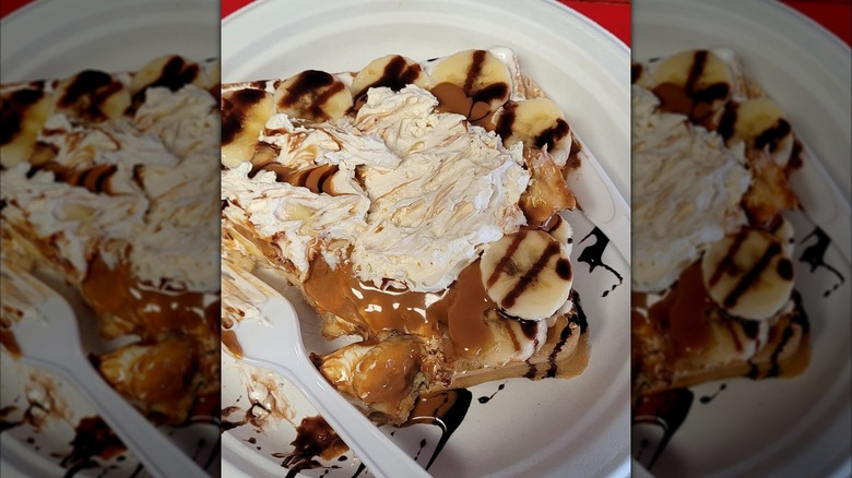 Heaven waffle from Waffles and What with bananas, marshmallow fluff, and caramel drizzle