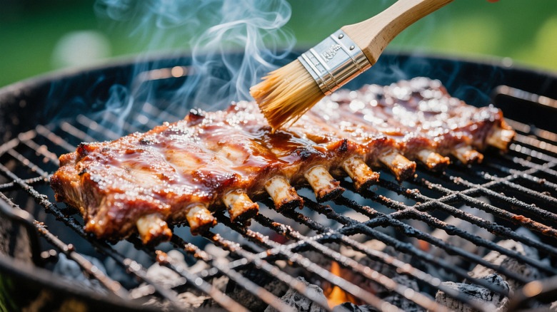 Ribs being glazed with sauce and cooked on a charcoal grill