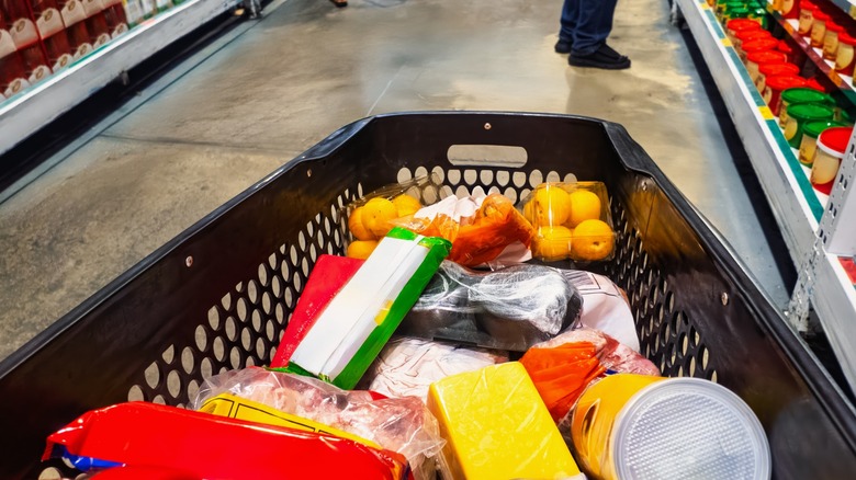 Shopping cart filled with groceries
