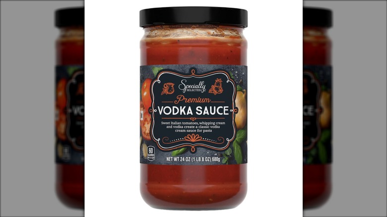 A glass bottle of Specially Selected Vodka Pasta Sauce on a white background.