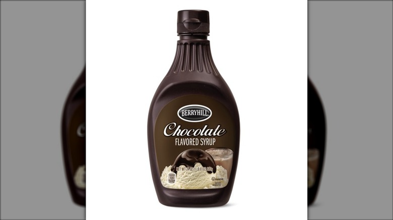 A bottle of Berryhill Chocolate Syrup on a white background.