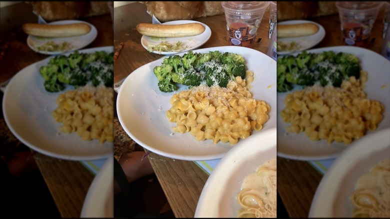 An order of kids macaroni and cheese with broccoli at Olive Garden, mirrored
