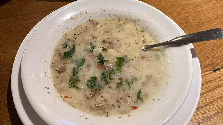 A bowl of Zuppa Toscana served at Olive Garden