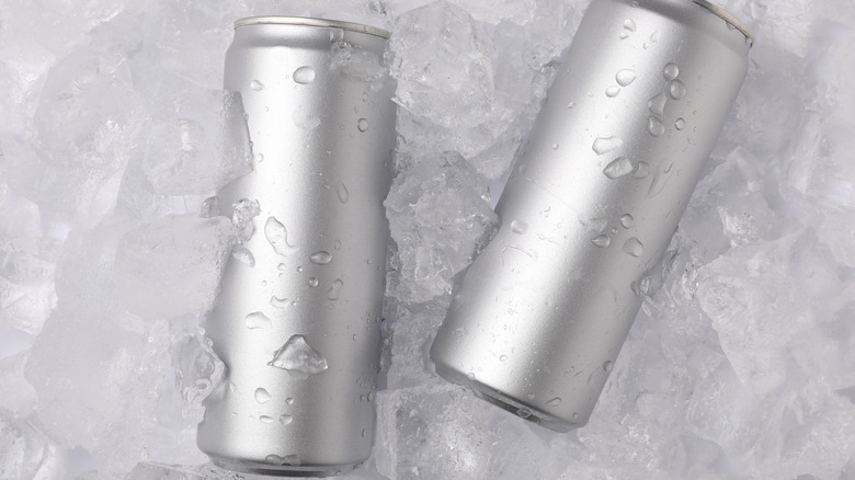 Two silver aluminum cans on ice