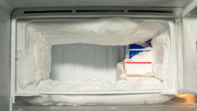 Freezer interior with frost buildup