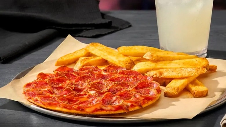 Red Robin small pizza, fries, and lemonade