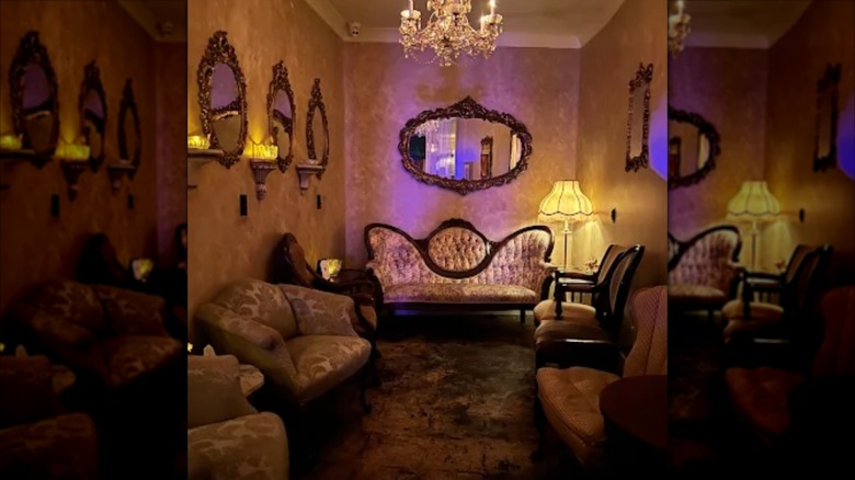 Scotty Doesn't Know interior with vintage art deco vibes, chandelier