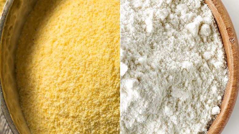 split screen showing Corn Meal in a Bowl and white flour in a bowl