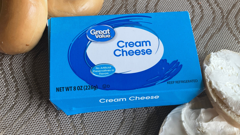 blue box of Great Value cream cheese with bagels and bagel shmears