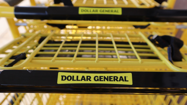 Several yellow Dollar General carts