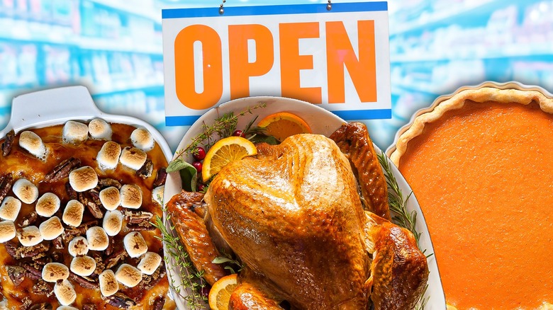 Thanksgiving dishes in front of an OPEN sign