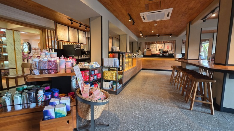 Interior of Starbucks with only stool seating